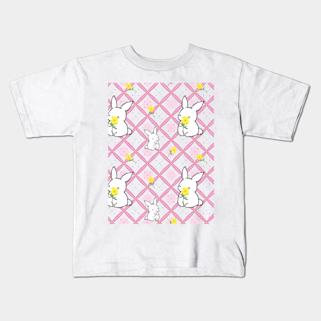 Pink Rabbit Quilt Pattern Kids T-Shirt by MaplewoodMerch